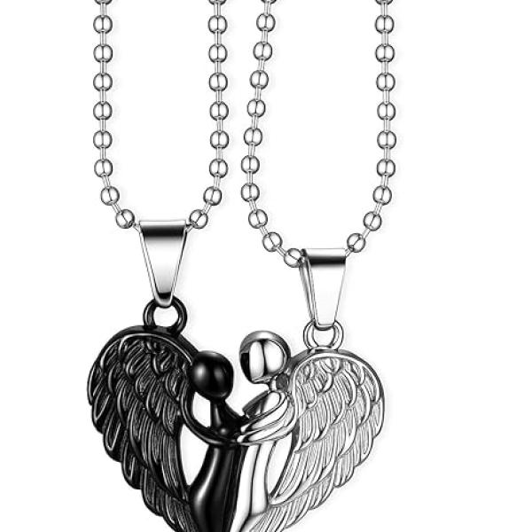 Hugging Angel Magnetic Couple Pendant Necklace Set – Black & Silver Heart Matching Necklaces for Couples | Romantic Unisex Jewellery Gift for Anniversary, Valentine’s Day & Birthday