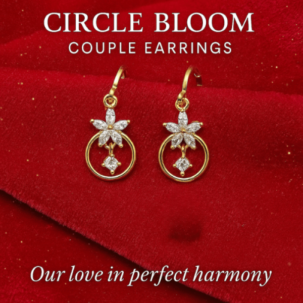 Circle Bloom Couple Earrings – Gold Plated Floral Drop Earrings for Romantic Gifting