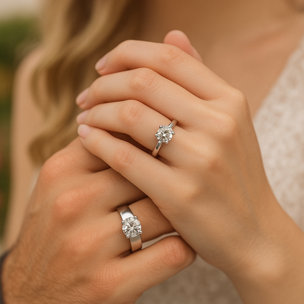 Elegant Couple Rings with Diamond – Silver Finish (Set of 2)