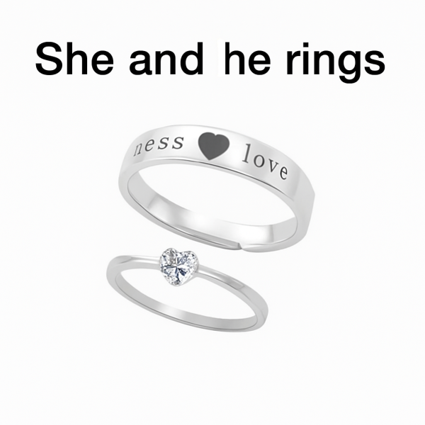 Endless Love Couple Rings – Engraved Band & Heart Diamond Design (Set of 2)