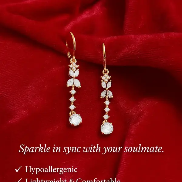 "Eternal Radiance Crystal Drop Earrings – Romantic Couple Jewellery in Gold Finish"