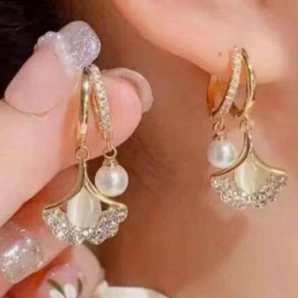 Golden Bloom Drop Earrings with Pearl & Crystal Design