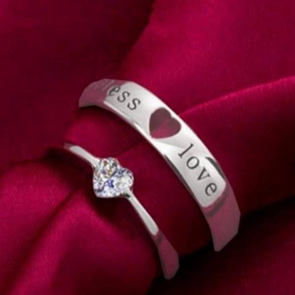 Endless Love Couple Rings – Engraved Band & Heart Diamond Design (Set of 2)
