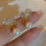 Heart Bow Pearl Drop Earrings – Elegant Gold-Plated Studs for Women